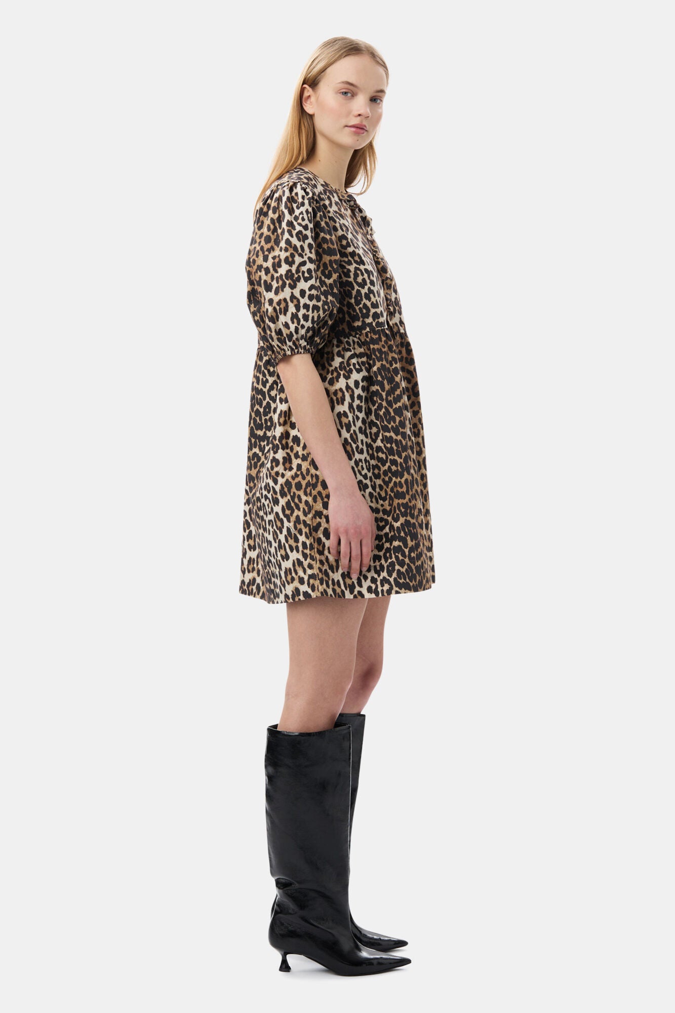 PRINTED COTTON TIE STRING MINI DRESS LEOPARD