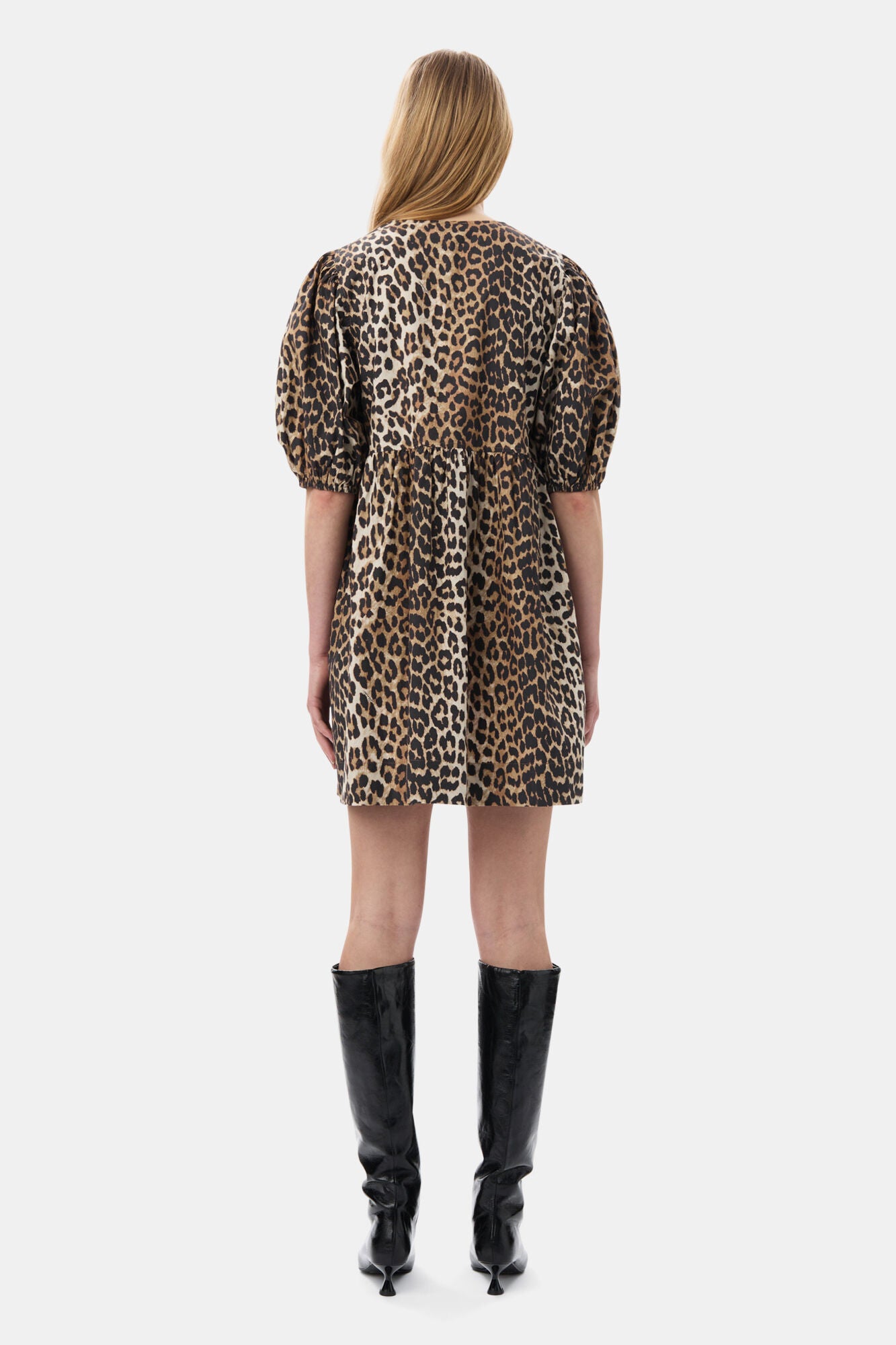 PRINTED COTTON TIE STRING MINI DRESS LEOPARD