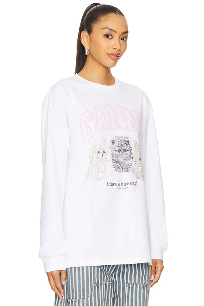 HERKENBARE DIERENPRINT OP ZWARE JERSEY, LANGE MOUWEN, LICHTWIT