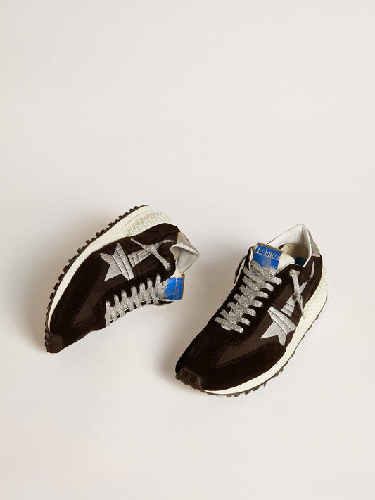 RUNNING MARATHON NYLON UPPER SUEDE TOE ANND SPUR PRINTED STAR LAMINATED HEEL BLACK/SILVER