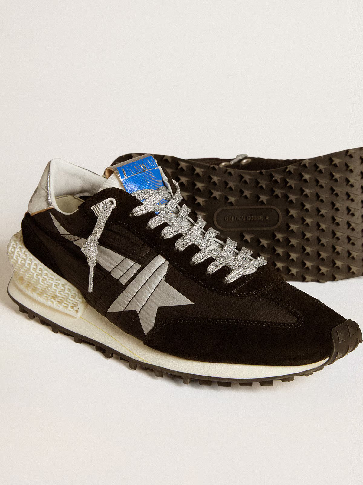 RUNNING MARATHON NYLON UPPER SUEDE TOE ANND SPUR PRINTED STAR LAMINATED HEEL BLACK/SILVER