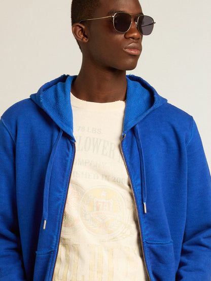 JOURNEY M'S REGULAR ZIPPED HOODIE GARMENT COLD DYED/ COTTON FLEECE/DISTRESSED RIBS/WATERPRINT MAZARINE BLUE/ OPTIC WHITE