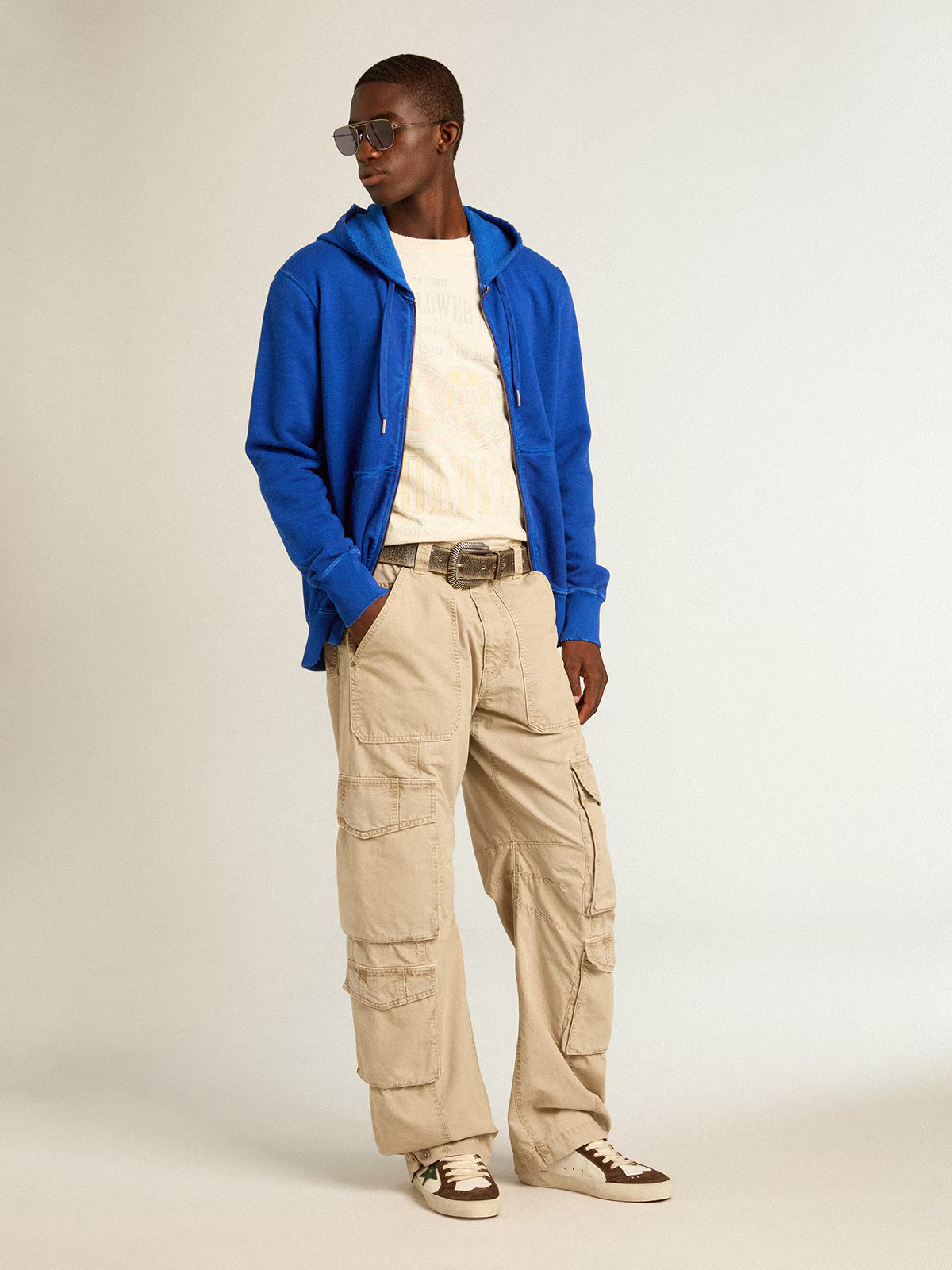 JOURNEY M'S REGULAR ZIPPED HOODIE GARMENT COLD DYED/ COTTON FLEECE/DISTRESSED RIBS/WATERPRINT MAZARINE BLUE/ OPTIC WHITE