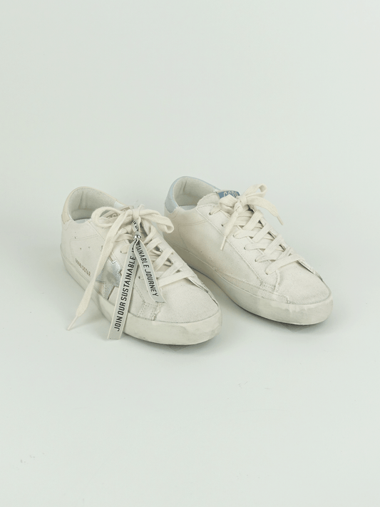 SUPER-STAR CANVAS UPPER LAMINATED STAR LEATHER HEEL WHITE CREAM/SILVER/GOLD/GRAY DAWN/ LIGHT YELLOW