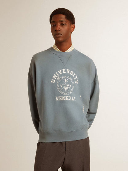 JOURNEY UNISEX CREW NECK VINTAGE COLLEGE PRINT SWEATSHIRT WINDWARD BLUE/ HERITAGE WHITE