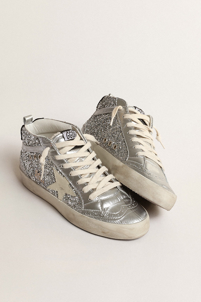 MID STAR GLITTER UPPER LAMINATED TOE WAVE AND SPUR LEATHER STAR SUEDE HEEL SILVER/IVORY/BLACK