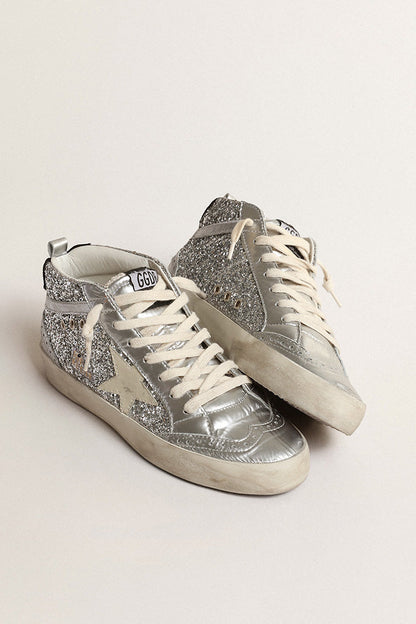 MID STAR GLITTER UPPER LAMINATED TOE WAVE AND SPUR LEATHER STAR SUEDE HEEL SILVER/IVORY/BLACK