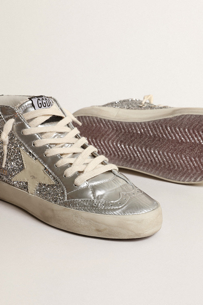 MID STAR GLITTER UPPER LAMINATED TOE WAVE AND SPUR LEATHER STAR SUEDE HEEL SILVER/IVORY/BLACK