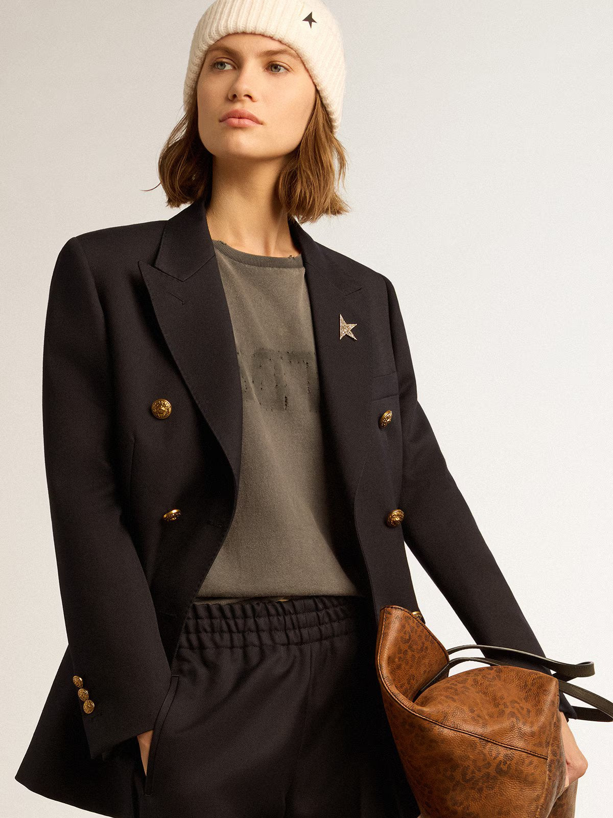 GOLDEN W'S DOUBLE BREASTED BLAZER COMPACT GABARDINE WOOL DARK BLUE
