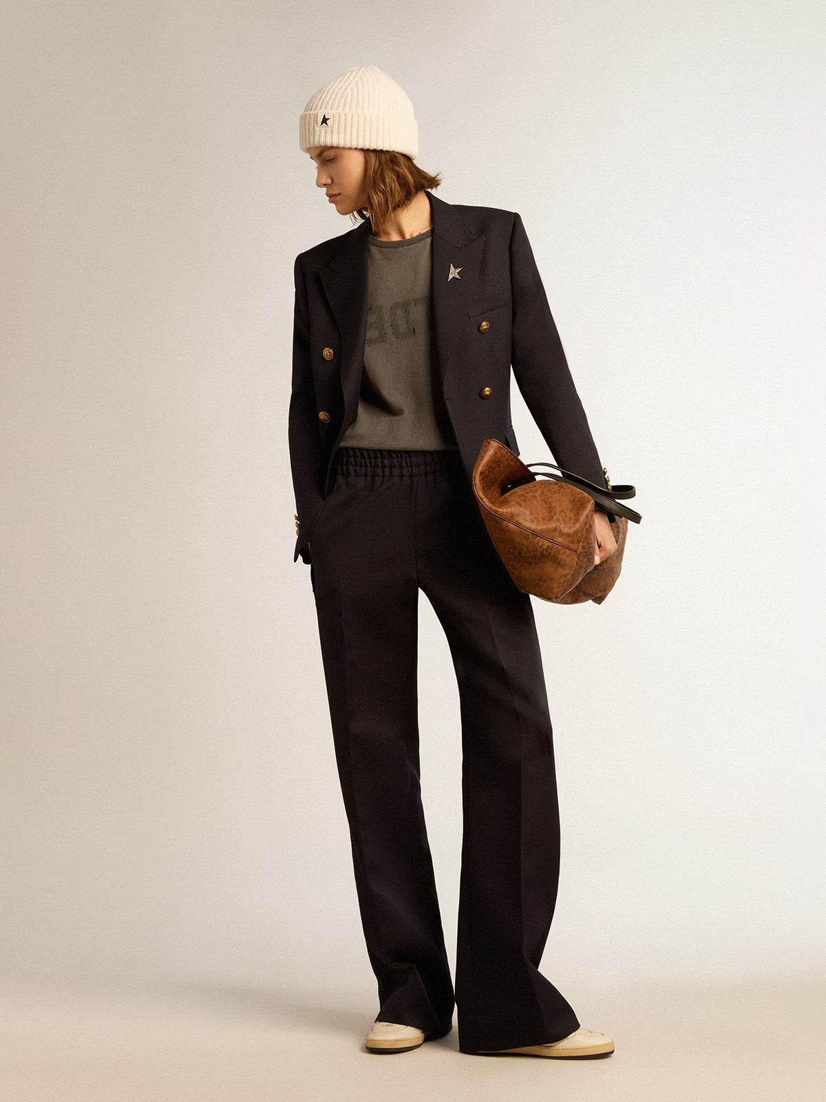 GOLDEN W'S DOUBLE BREASTED BLAZER COMPACT GABARDINE WOOL DARK BLUE