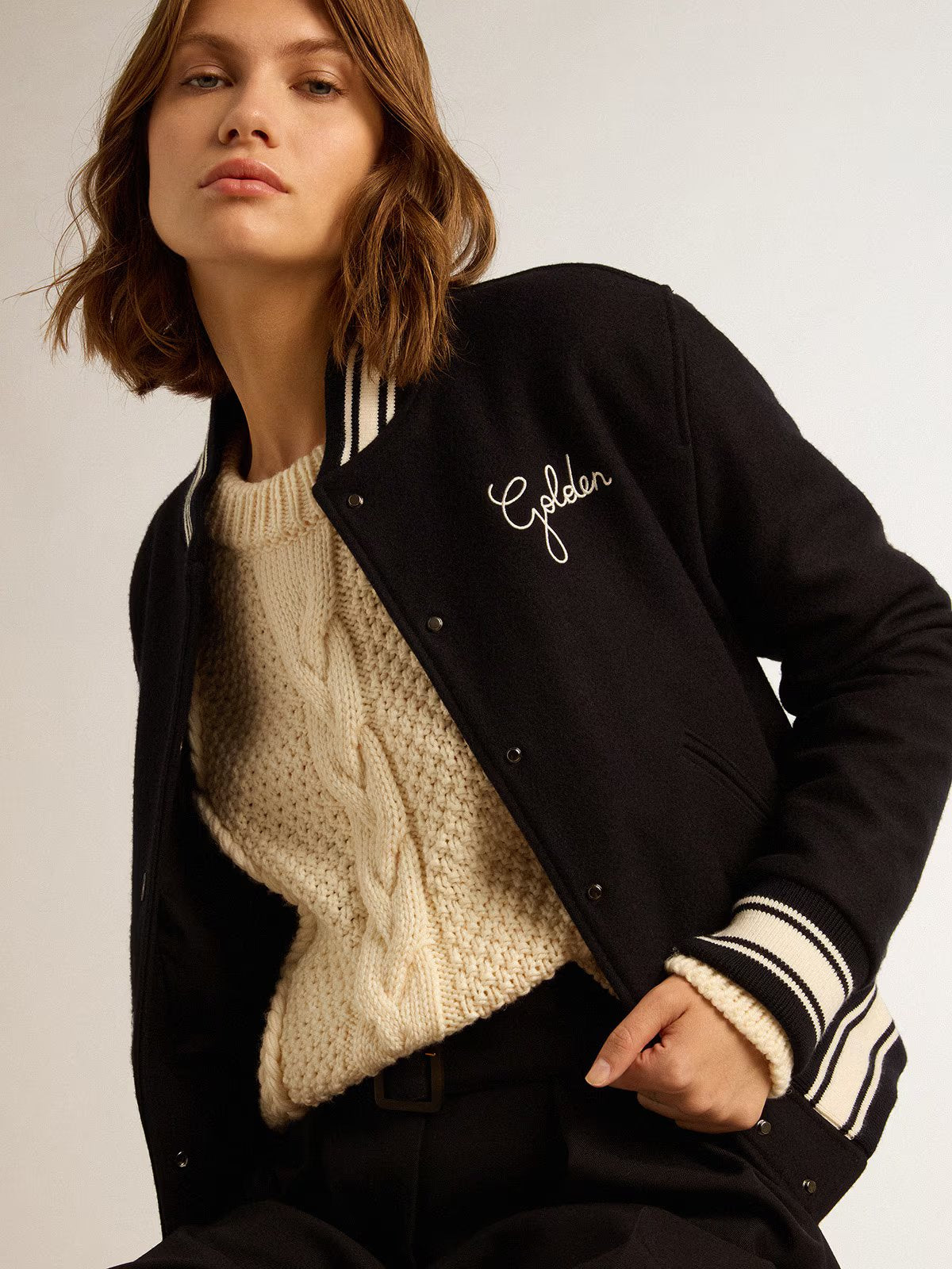 GOLDEN W'S BOMBER COMPACT CLOTH WOOL BLEND DARK BLUE