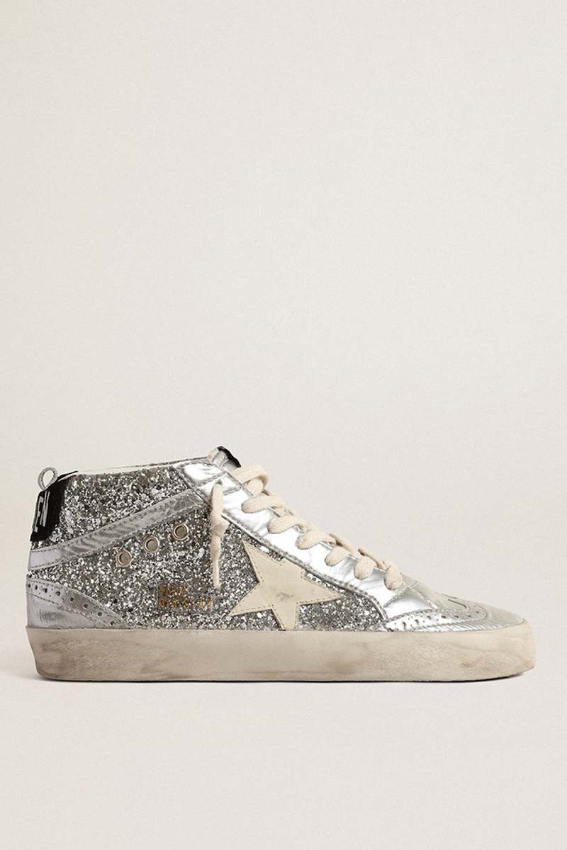 MID STAR GLITTER UPPER LAMINATED TOE WAVE AND SPUR LEATHER STAR SUEDE HEEL SILVER/IVORY/BLACK