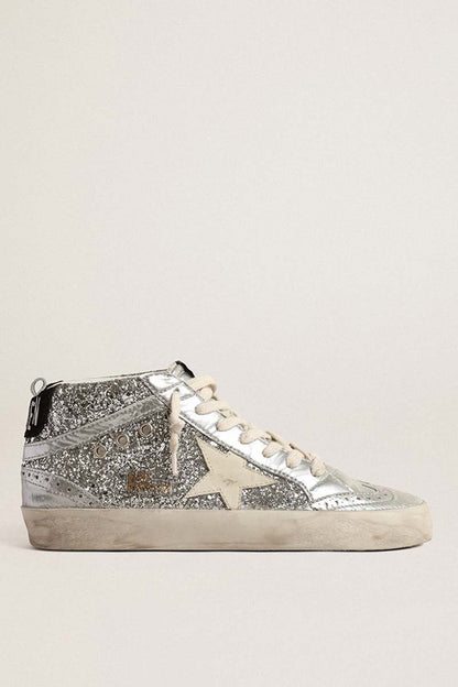 MID STAR GLITTER UPPER LAMINATED TOE WAVE AND SPUR LEATHER STAR SUEDE HEEL SILVER/IVORY/BLACK