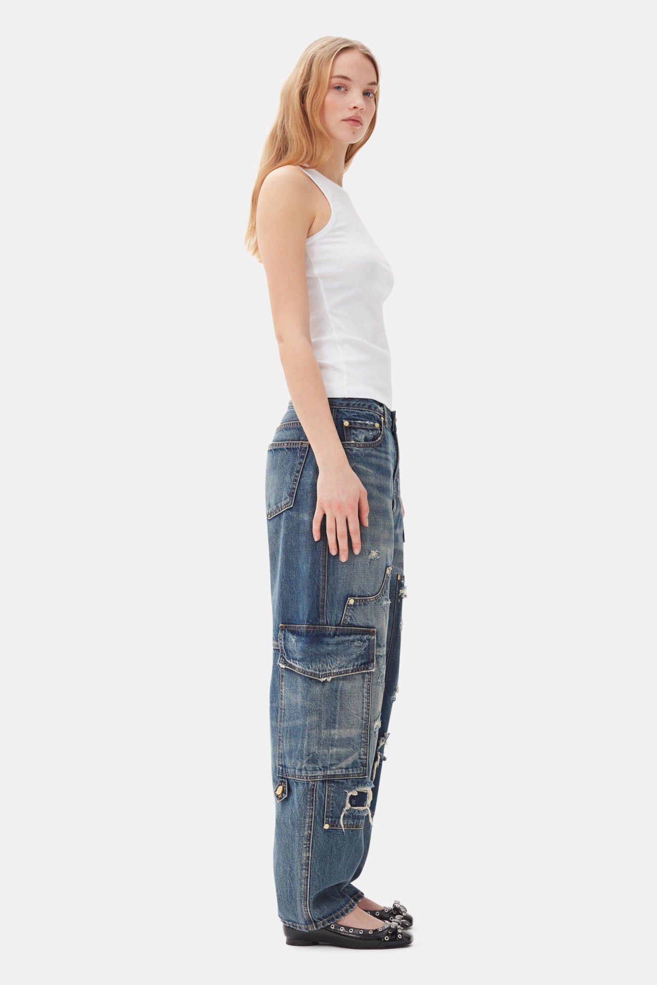 HEAVY WASHED DENIM CARPENTER JEANS MID BLUE VINTAGE