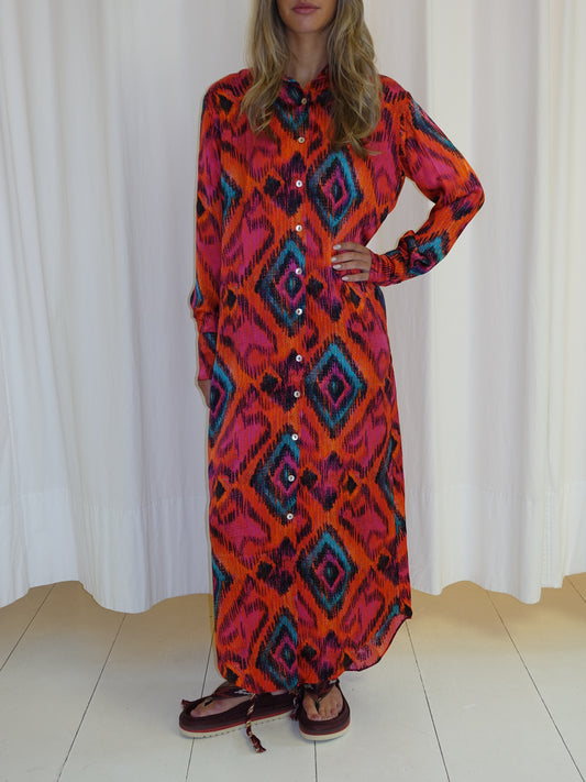 SILK SHIRT DRESS ORANGE FUCHSIA IKAT
