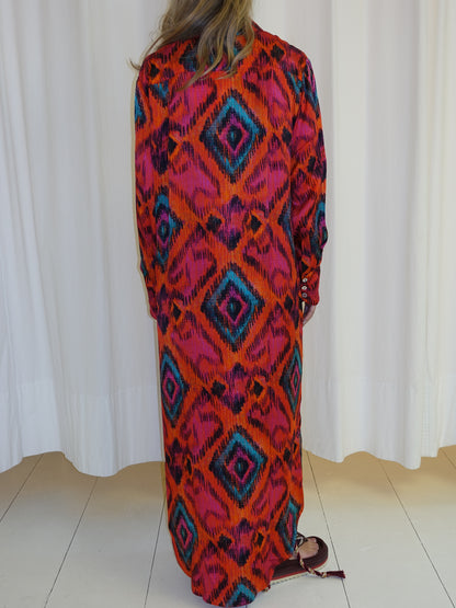 SILK SHIRT DRESS ORANGE FUCHSIA IKAT
