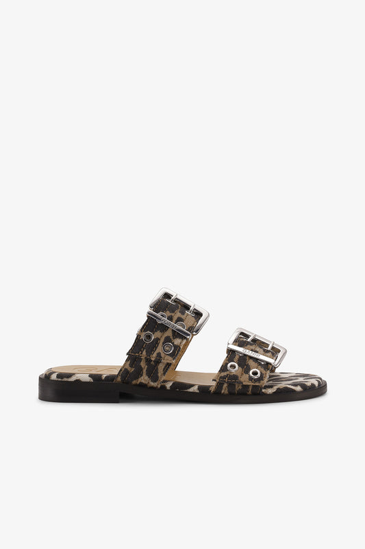 FEMININE BUCKLE TWO STRAP SANDAL DENIM PRINT LEOPARD
