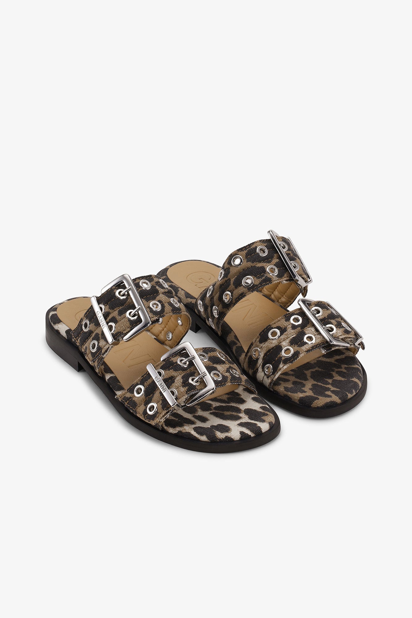 FEMININE BUCKLE TWO STRAP SANDAL DENIM PRINT LEOPARD