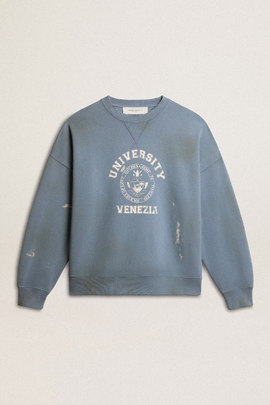 JOURNEY UNISEX CREW NECK VINTAGE COLLEGE PRINT SWEATSHIRT WINDWARD BLUE/ HERITAGE WHITE