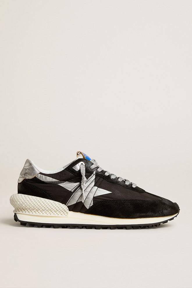 RUNNING MARATHON NYLON UPPER SUEDE TOE ANND SPUR PRINTED STAR LAMINATED HEEL BLACK/SILVER