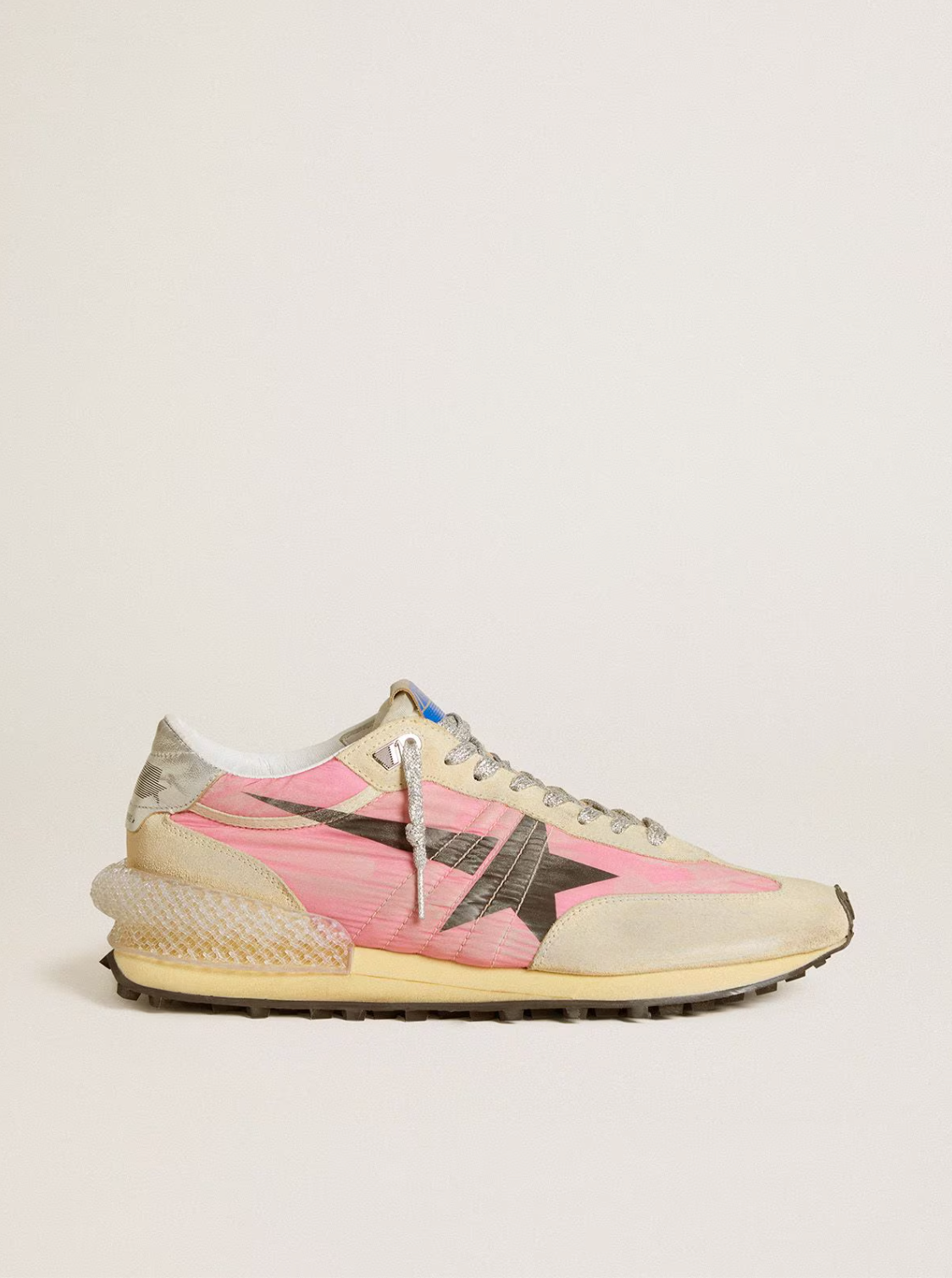 RUNNING MARATHON NYLON UPPER SUEDE TOE AND SPUR PRINTED STAR LAMINATED HEEL PINK/GOLD/SILVER
