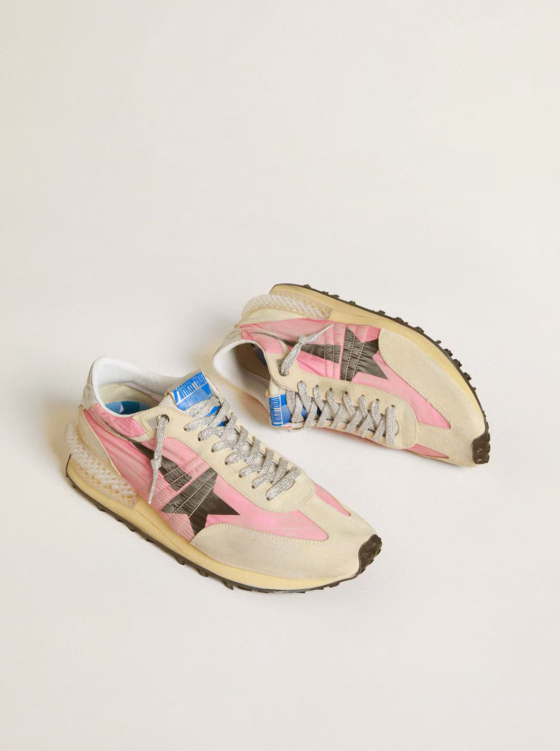 RUNNING MARATHON NYLON UPPER SUEDE TOE AND SPUR PRINTED STAR LAMINATED HEEL PINK/GOLD/SILVER