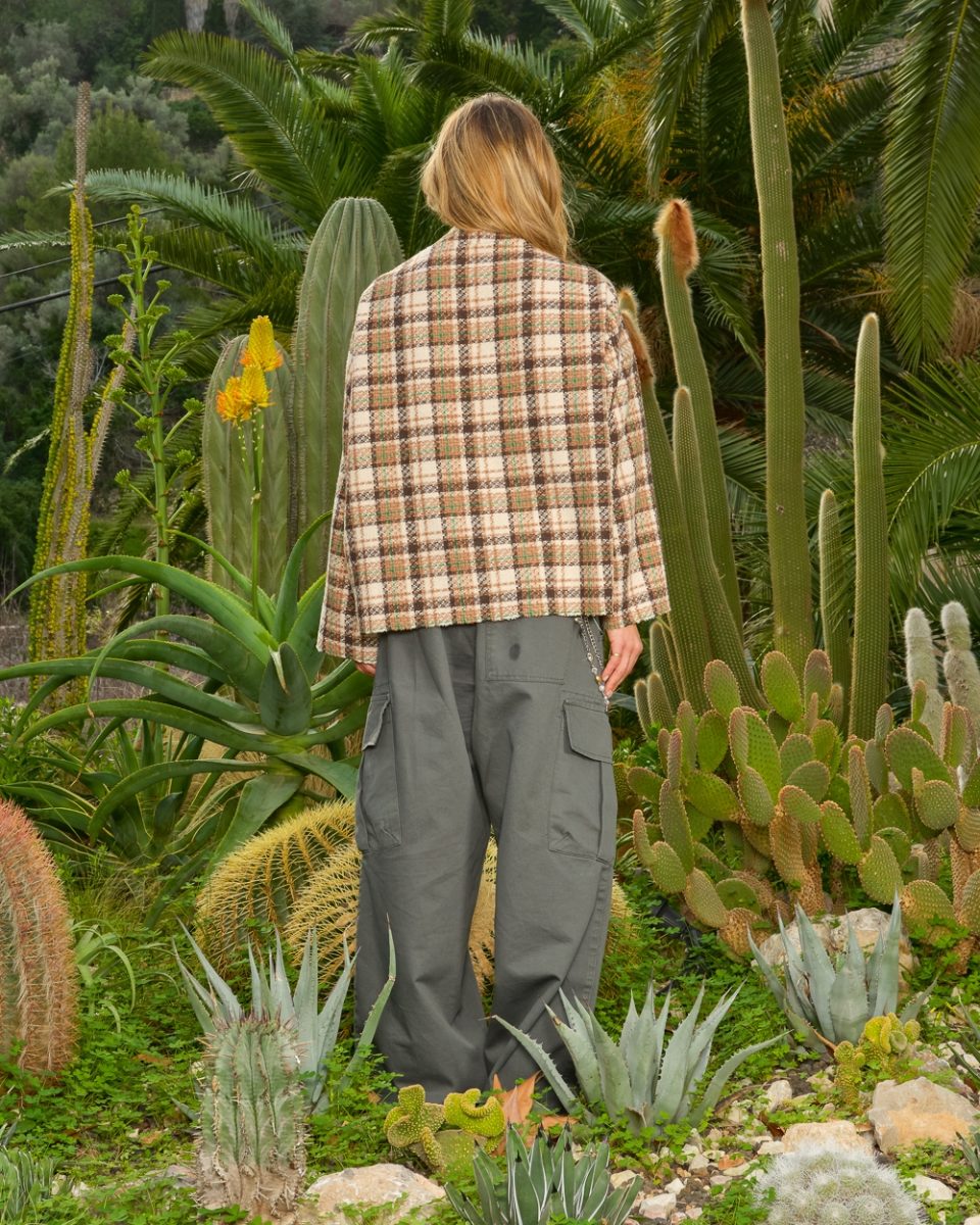 PAMELA TOP IN GECHECKTE WOOL, KARAMEL KLEUR
