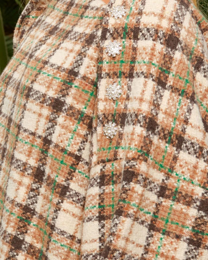 PAMELA TOP IN GECHECKTE WOOL, KARAMEL KLEUR